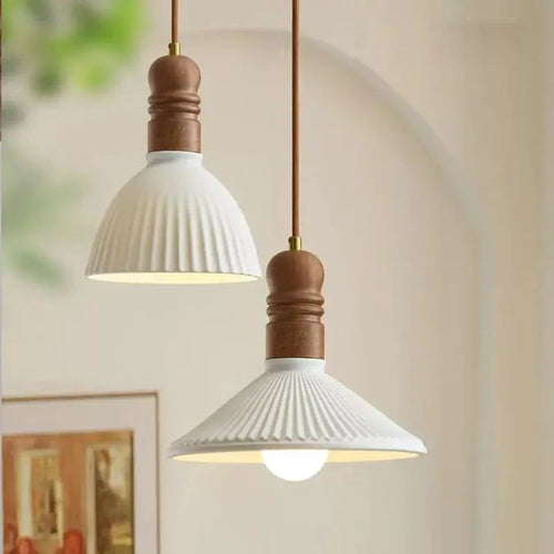 Nordic style LED pendant light in solid wood and ceramic - vue 4 sur 14