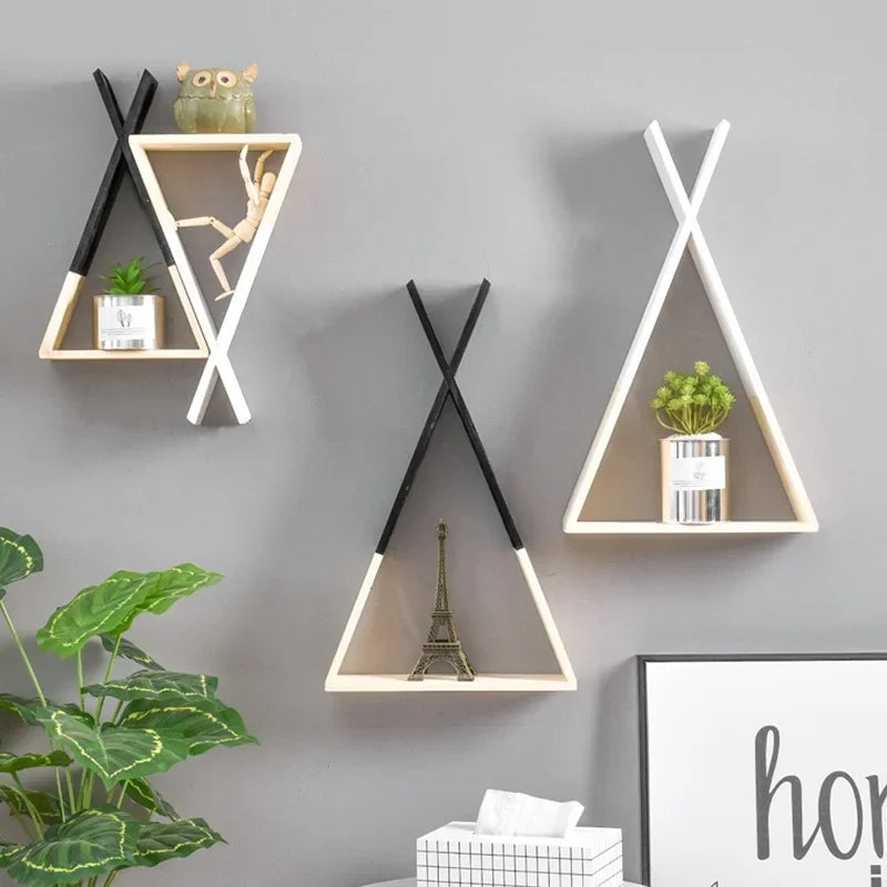 Triangle Wooden Shelf for Wall Decoration, Decorative Crafts, Storage Holder, Living Room, Kids Room - vue 4 sur 10