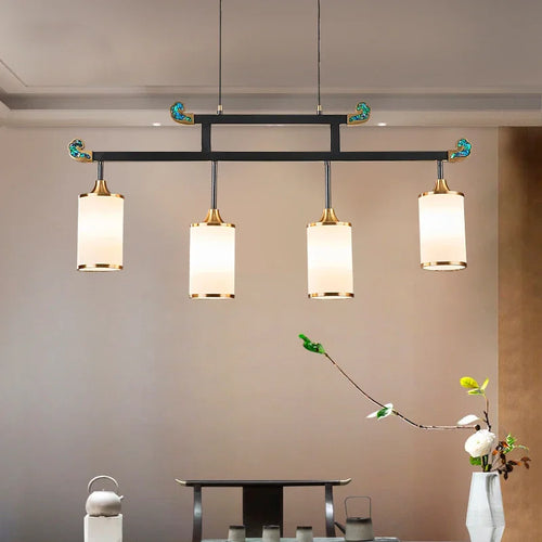 Minimalist Chinese copper chandelier with LED lights luxury décor - vue 5 sur 12