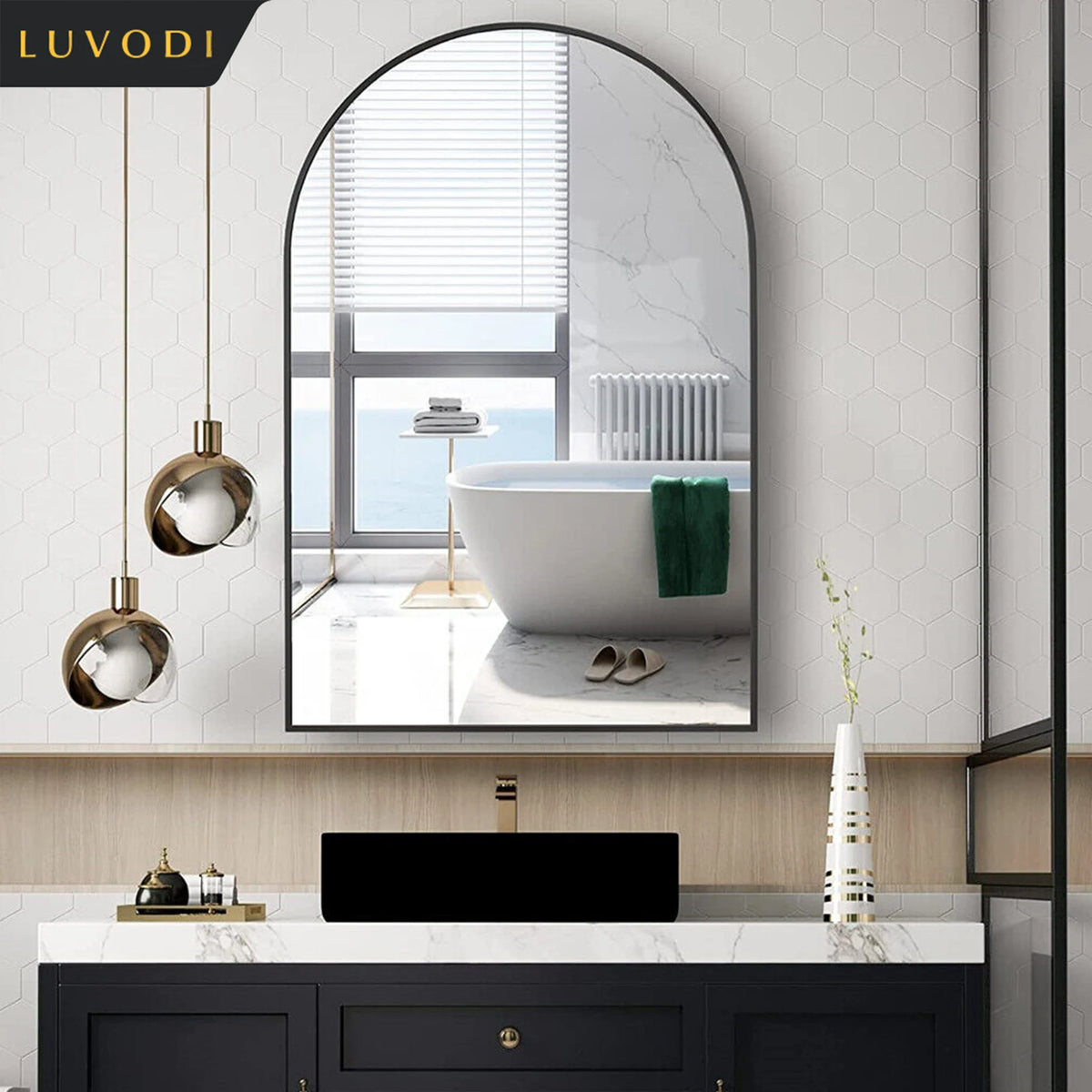 LUVODI Home Decorative Mirror with Black Arched Frame for Bathroom, Entryway, Living Room - vue 2 sur 7