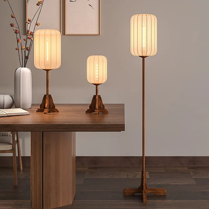 Vintage style floor lamp in fabric, wood and copper for hotel or restaurant