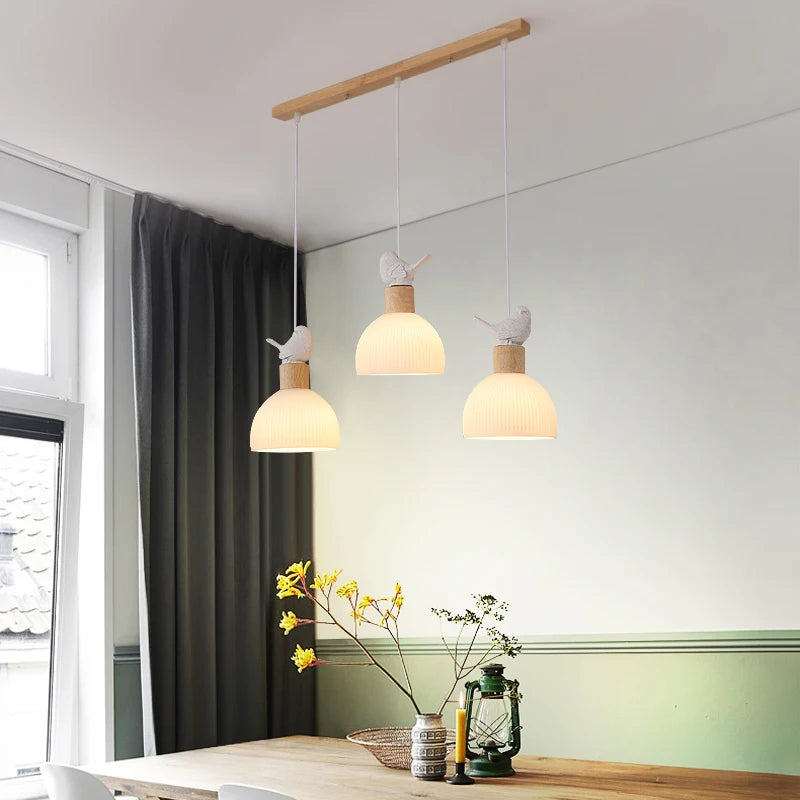 Wood LED chandelier with white glass shade - vue 3 sur 8