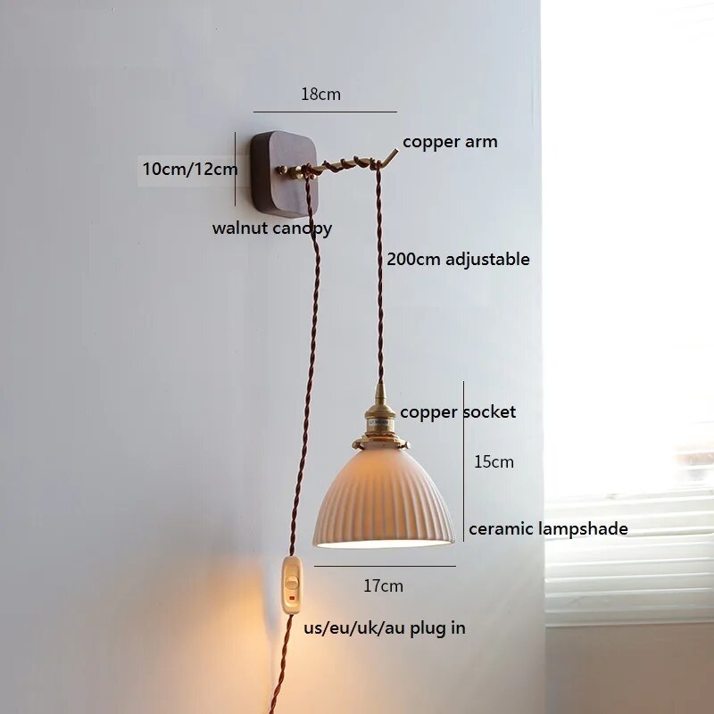 Modern walnut and copper LED wall light plug-in - vue 9 sur 23