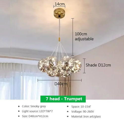 Modern glass chandelier with white LED spheres for living and dining room - vue 13 sur 18