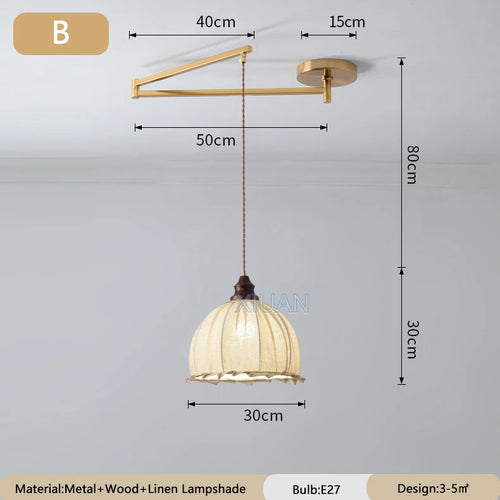 Wabi-sabi vintage chandelier with folding fabric shade - vue 9 sur 11