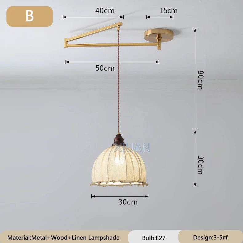 Wabi-sabi vintage chandelier with folding fabric shade - vue 8 sur 11