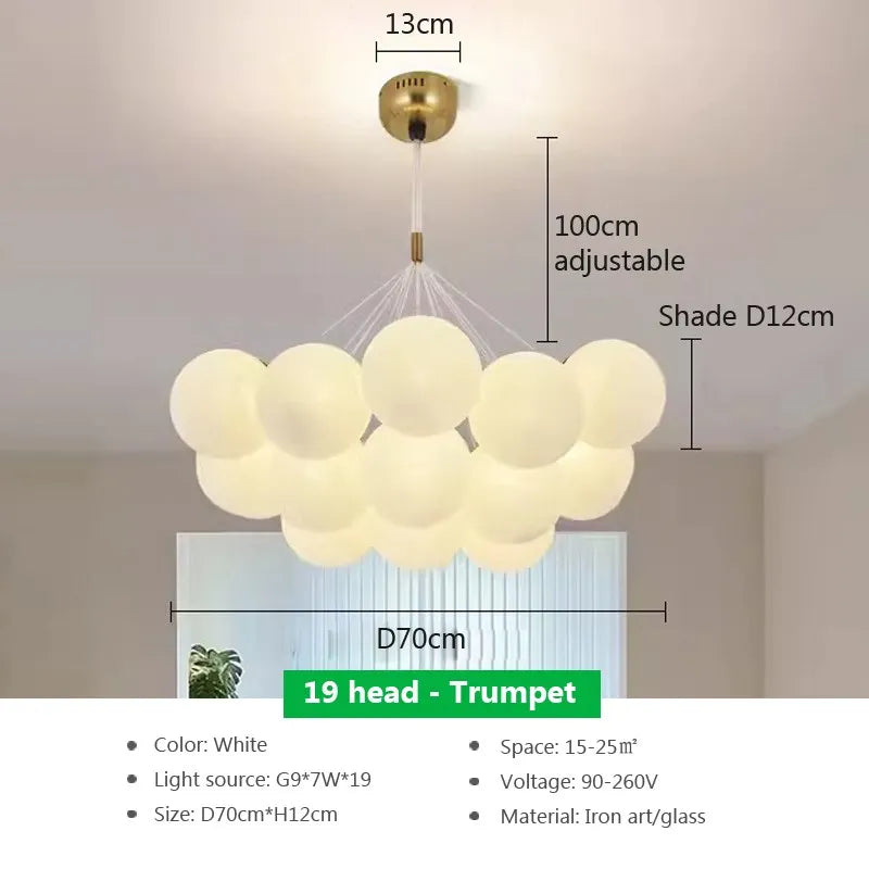 Modern glass chandelier with white LED spheres for living and dining room - vue 18 sur 18