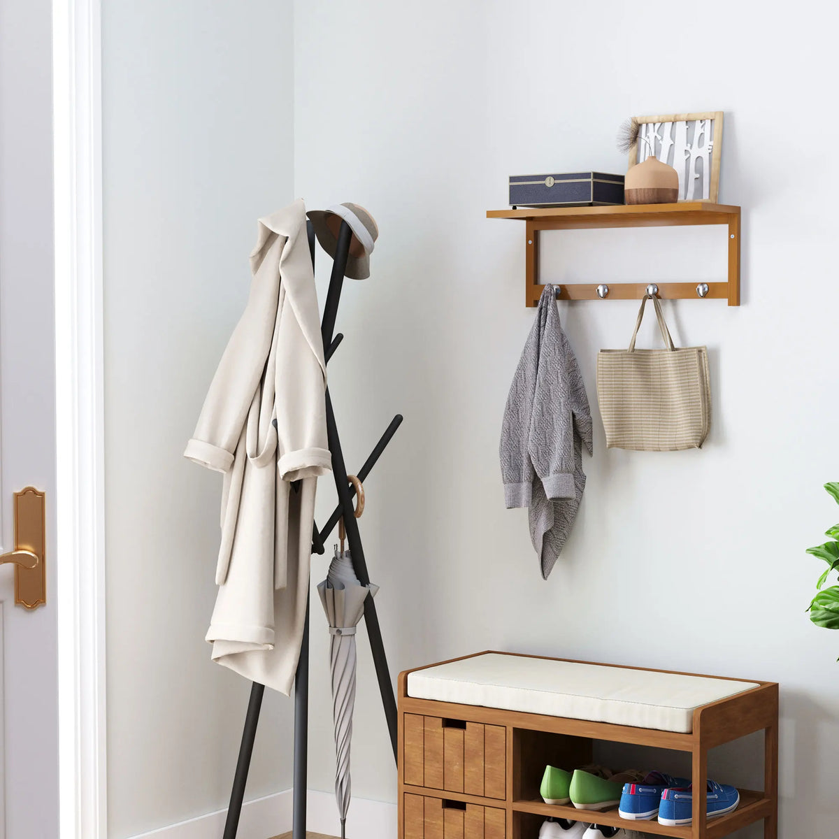 HOMCOM Wall hanger bamboo 4 hooks rack Wall towel rack 50x16x17.5cm - vue 2 sur 7