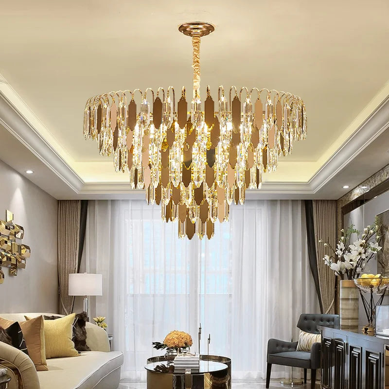 lustre moderne en cristal doré à led design élégant pour intérieur - vue 5 sur 9