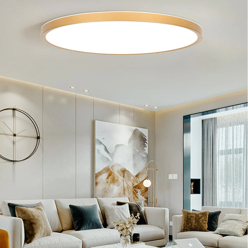 Modern square flat ceiling light in gold wood for interior - vue 7 sur 16