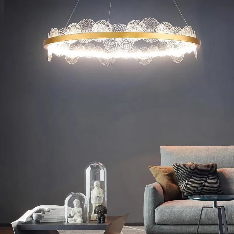 Adjustable Nordic gold ring pendant light for interior decor - vue 3 sur 9