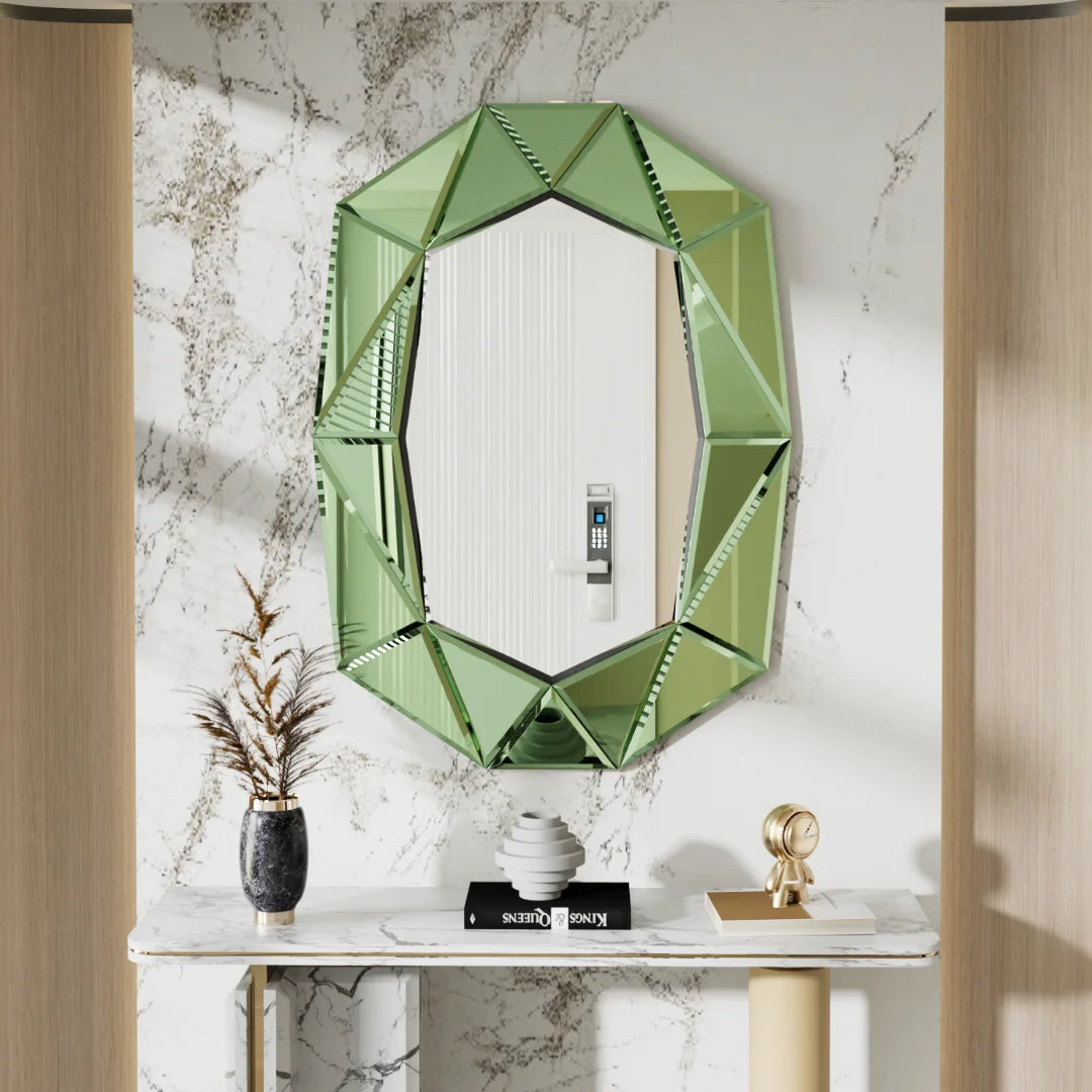 asymmetrical decorative wall mirror in silver glass with beveled details