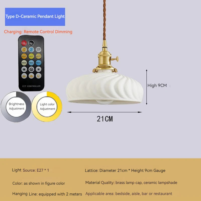 Retro ceramic pendant light with cordless installation for interior decoration