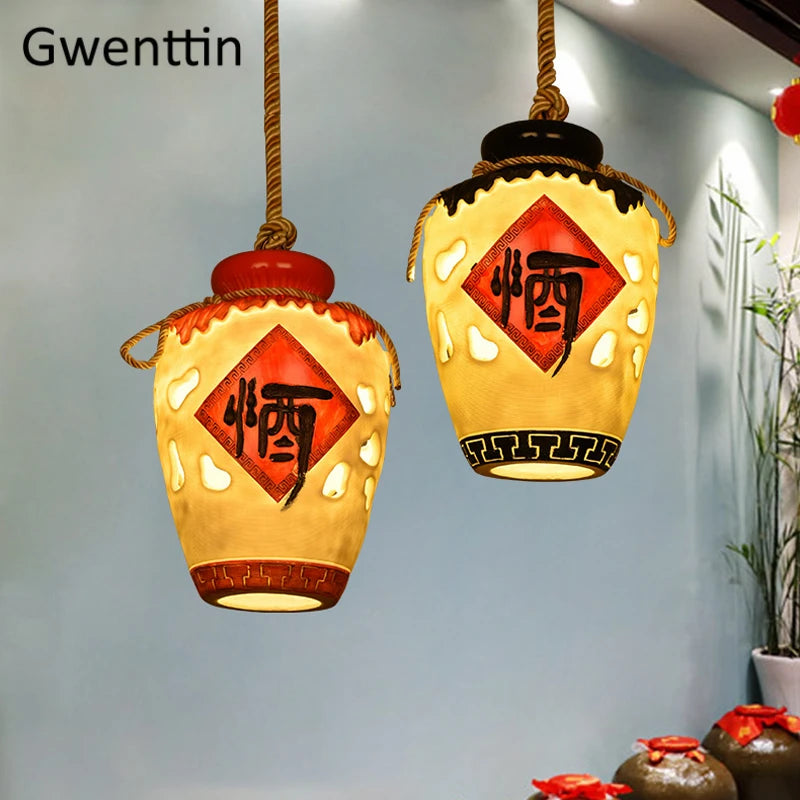 Chinese style wine jar pendant light for indoor decor