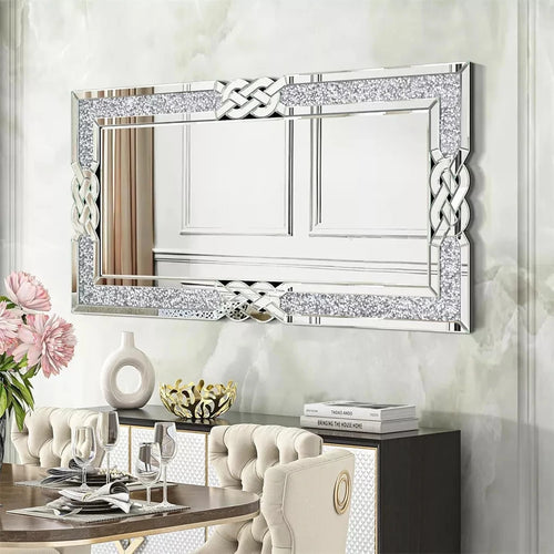 Rectangular glass mirror with decorative crystal frame