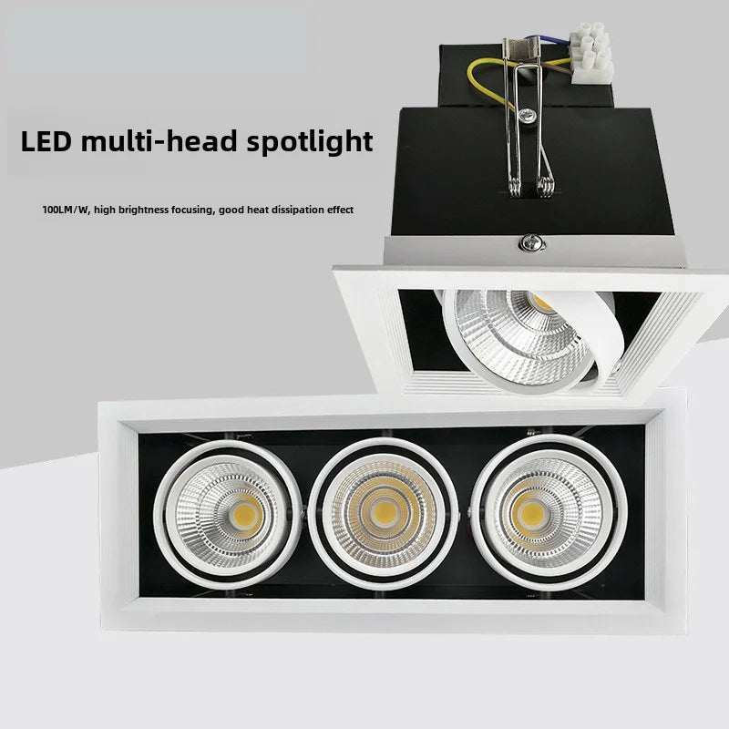 Square recessed LED ceiling light with two or three heads for indoor lighting