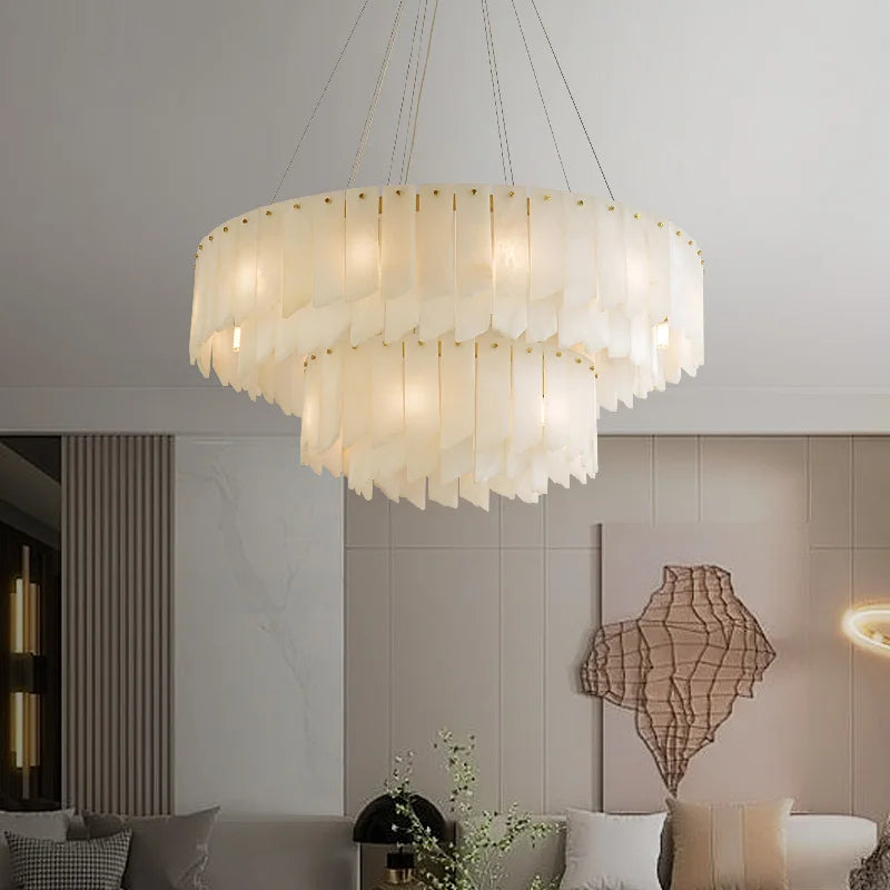 Modern design LED chandelier in Spanish natural marble - vue 3 sur 11