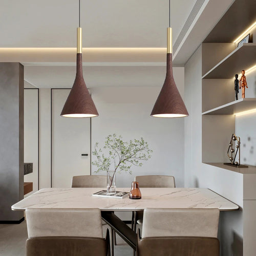Modern metal pendant light with wood effect and adjustable cord - vue 2 sur 8