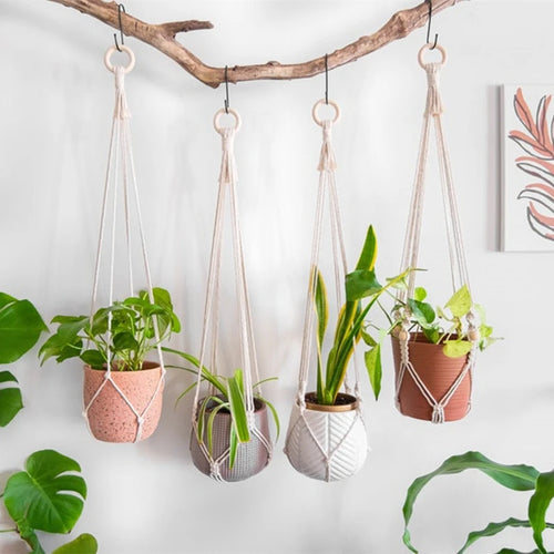 handmade macrame hanging plant holder made of natural cotton - vue 3 sur 23