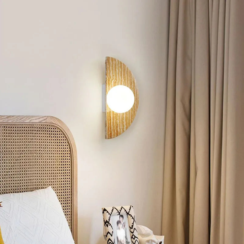 Natural stone wall light with white glass semicircle