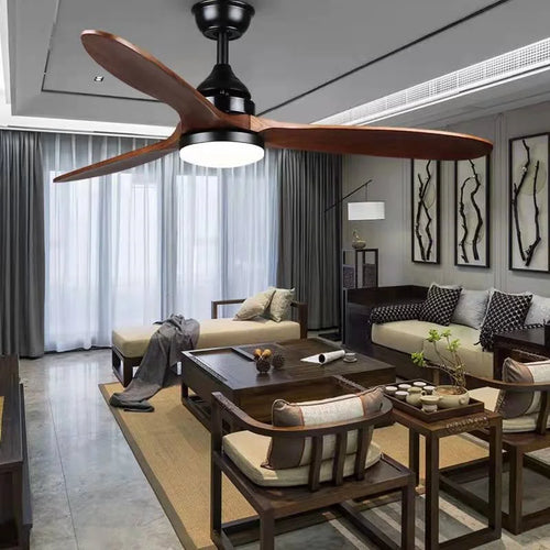 Solid wood ceiling fan light with remote control and six adjustable speeds - vue 5 sur 10