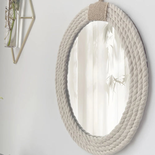 oval nautical rope mirror with macrame fringe - vue 5 sur 7