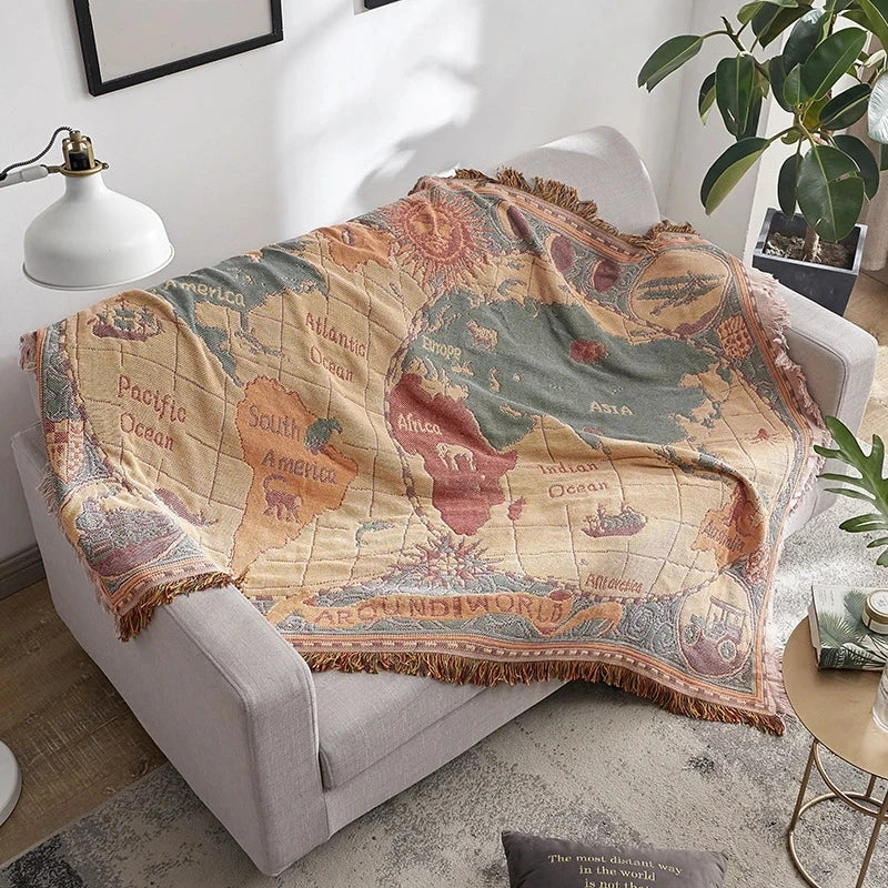 Knitted bohemian throw with world map motif for living room - vue 4 sur 6
