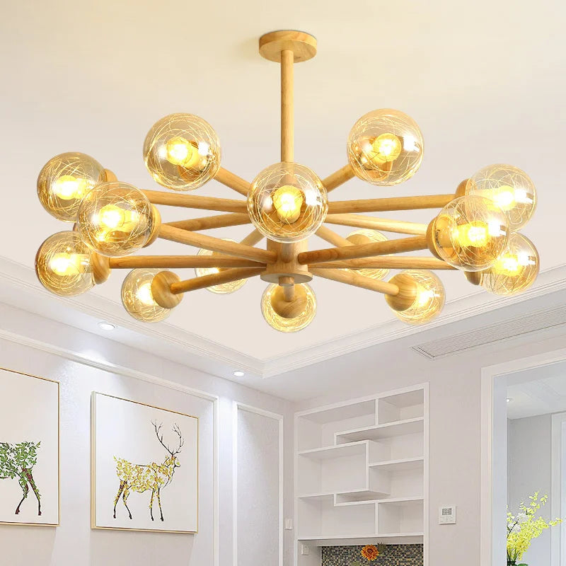 Modern wooden chandelier with glass lampshades for home decor