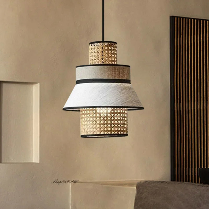 Vintage rattan and fabric pendant light for indoor decor