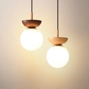 Nordic walnut wood grain LED ceiling light with round glass shade