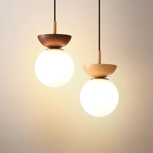 Nordic walnut wood grain LED ceiling light with round glass shade - vue 3 sur 10