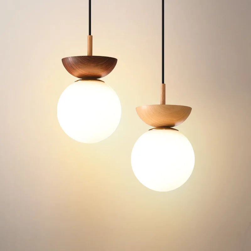Nordic walnut wood grain LED ceiling light with round glass shade