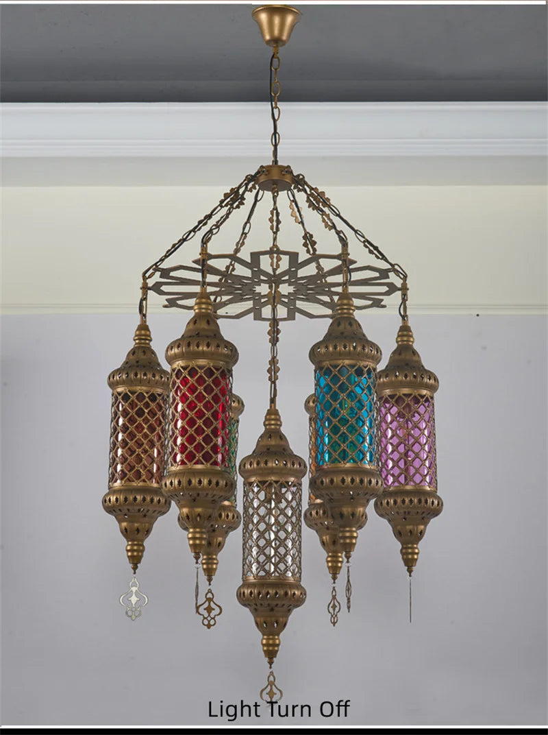 Retro industrial iron and coloured glass chandelier for Asian venues - vue 3 sur 14
