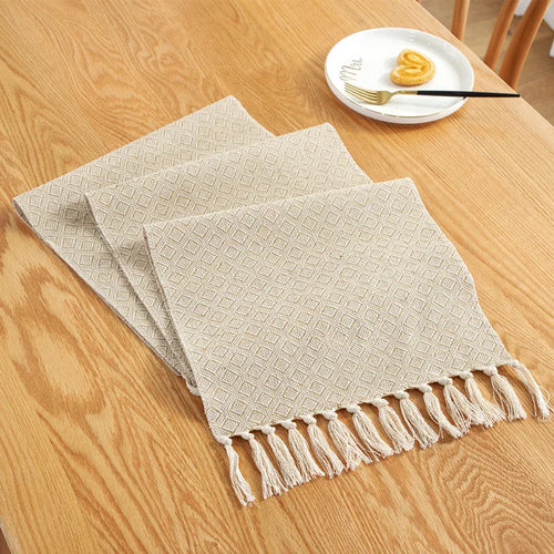 Beige embroidered linen table runner, rustic style