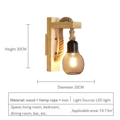 Vintage industrial loft wooden wall light with hemp rope - vue 14 sur 17