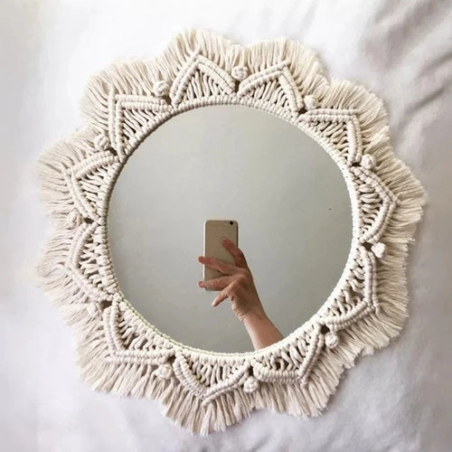 Boho-style macramé wall mirror for interior decoration - vue 7 sur 14