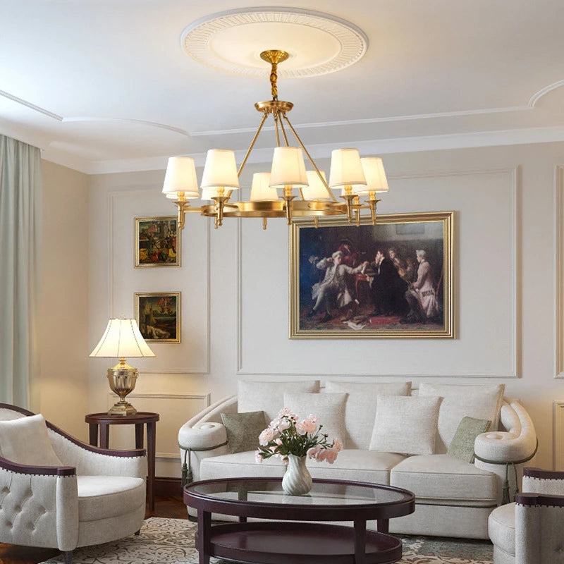Classic American wrought iron chandelier with fabric lampshade