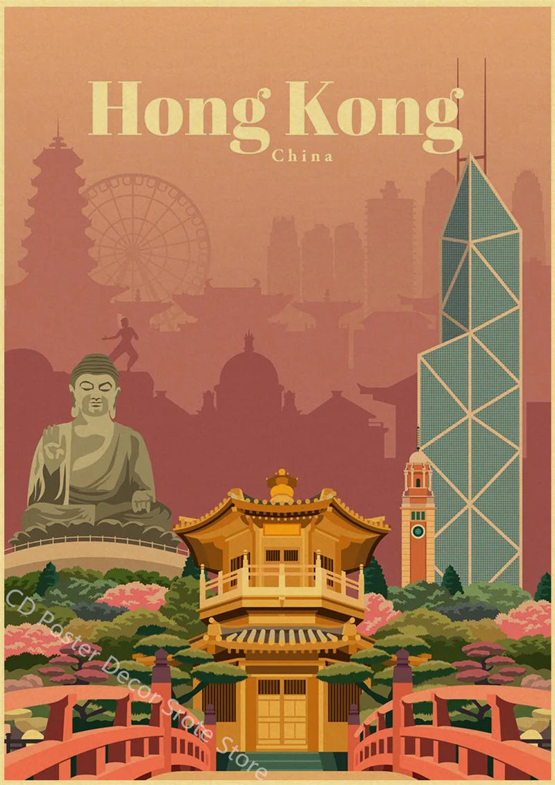 Vintage world cities poster for wall decoration