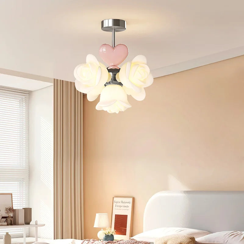 Pink rose flower LED chandelier for children's room romantic and cosy decor