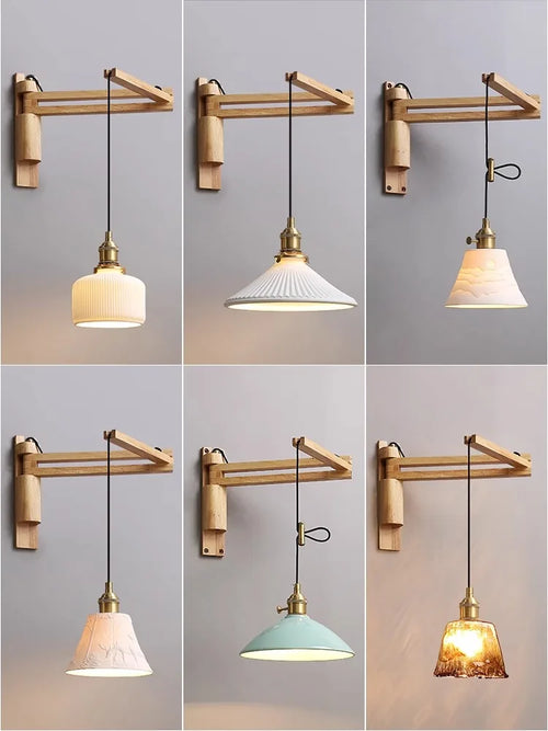 Extendable and adjustable Japanese style retro wood pendant light - vue 5 sur 10