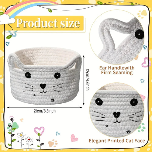 adorable cat face woven cotton storage basket - vue 6 sur 11