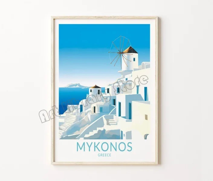Retro travel poster Santorini castle and island decorative wall art