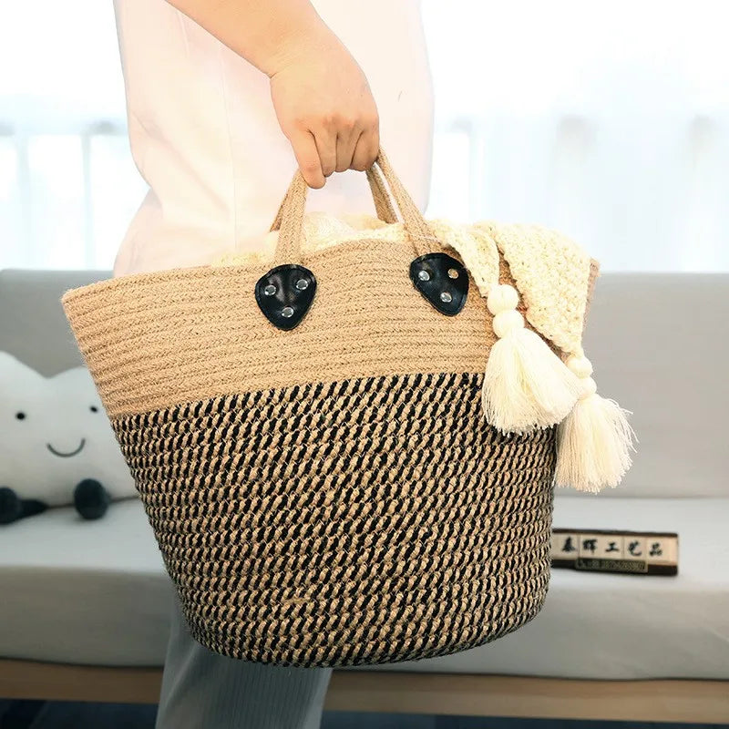 jute and cotton storage basket with handle - vue 4 sur 7