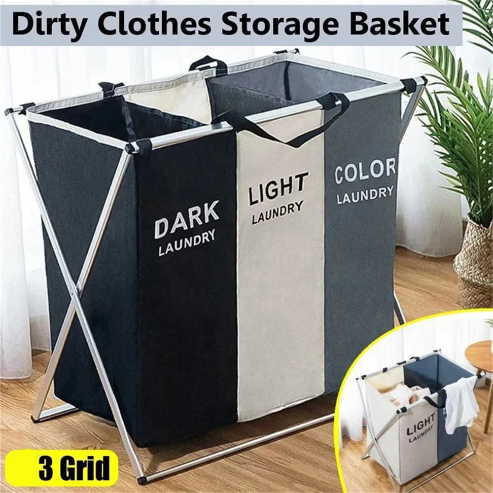 three-compartment foldable laundry basket for dirty clothes