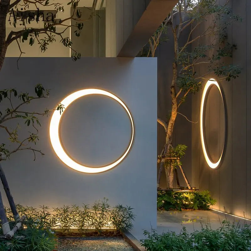Modern waterproof outdoor wall light in round terracotta moon design