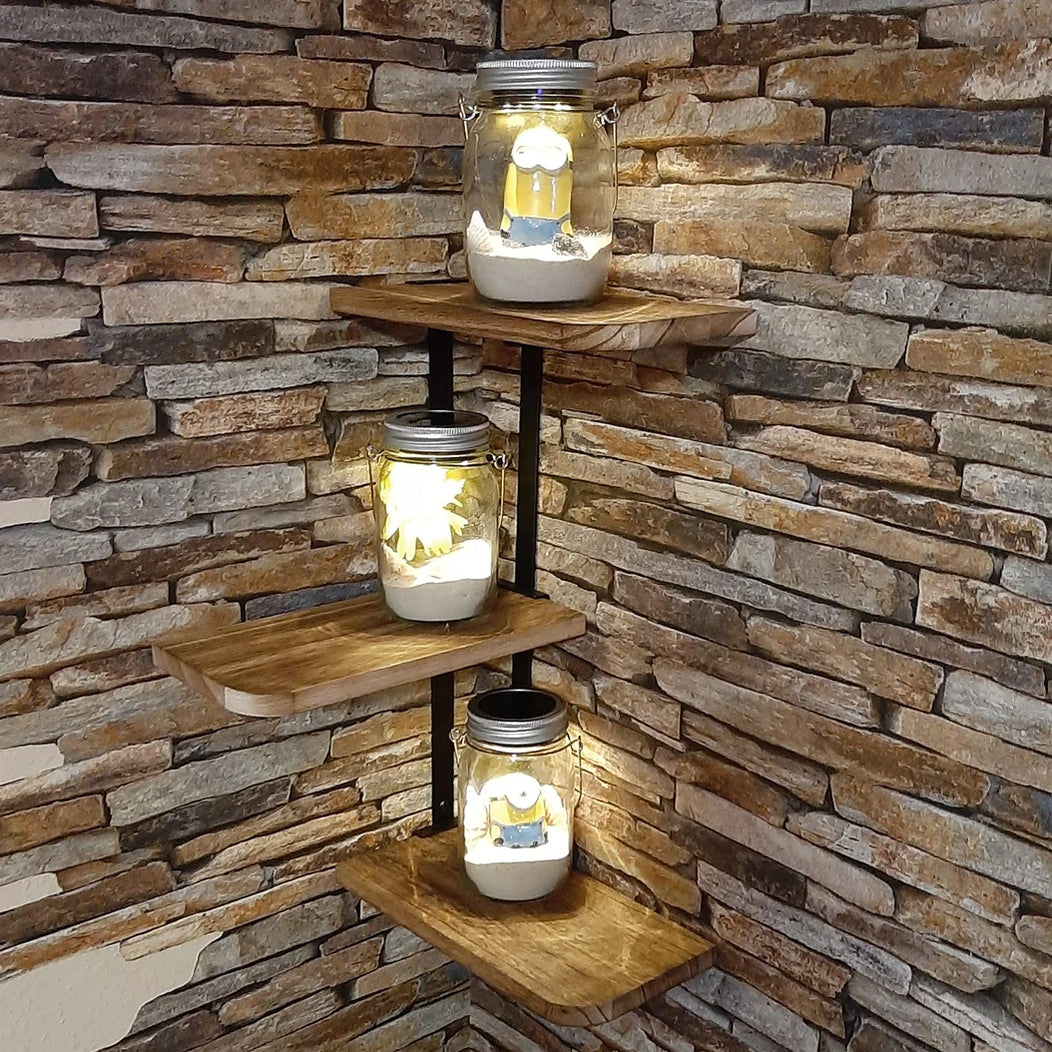 rustic three-tier wooden corner wall shelf