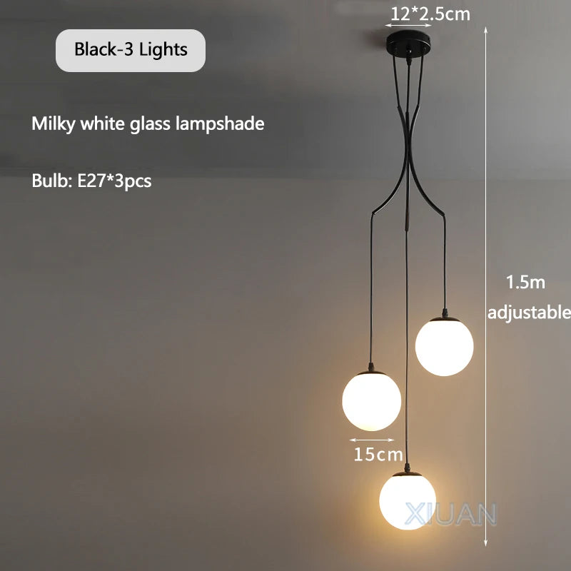 Nordic chandelier with suspended milky glass ball lamps