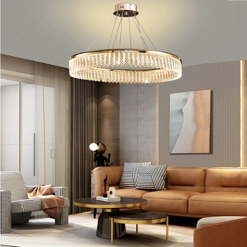 Luxurious round crystal LED chandelier with multiple ring design