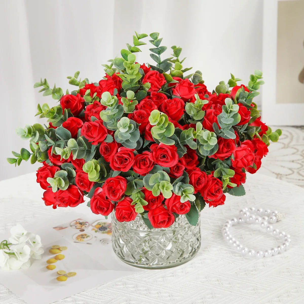 Set of 10 artificial roses bouquet with eucalyptus and peonies decorative - vue 2 sur 10