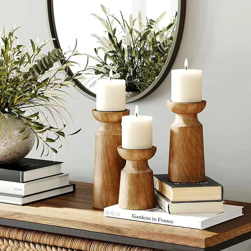 Set of 3 natural wood candle holders for retro wedding decor